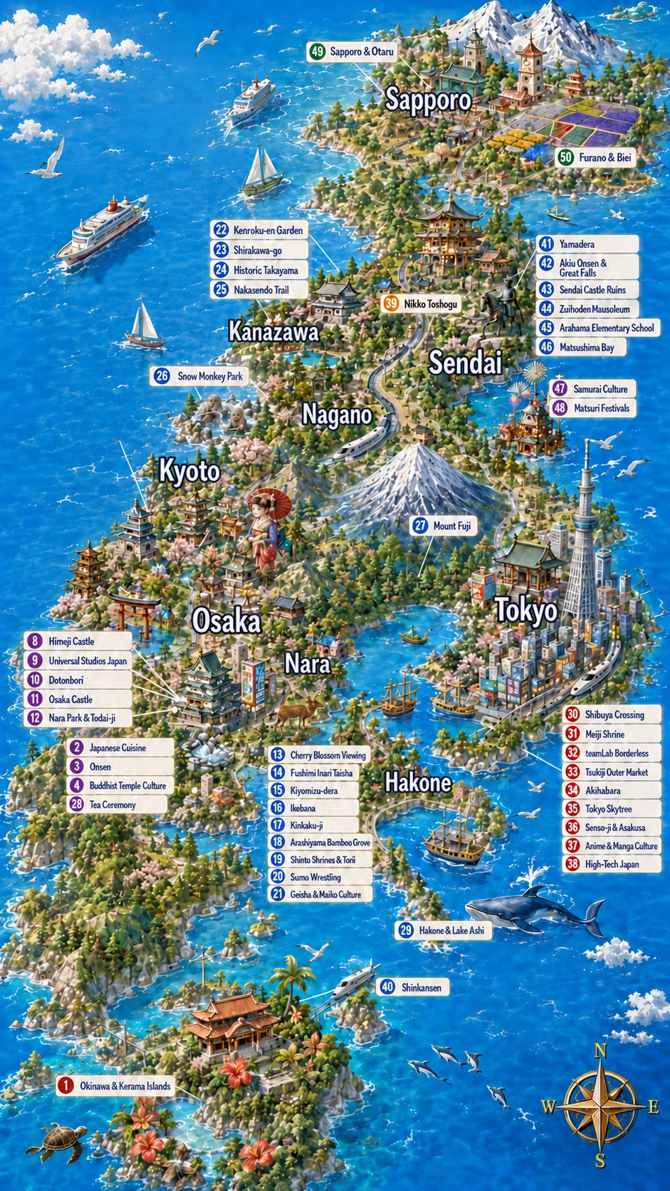 An illustrated map of Japan showing fifty numbered stops, from Okinawa
                      and the Kerama Islands in the south-west to Furano and Biei in the
                      far north-east.